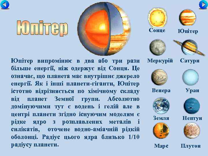 Сонце Юпітер випромінює в два або три рази Меркурій більше енергії, ніж одержує від