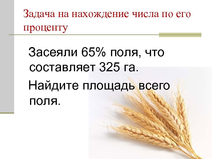 Задача на нахождение числа по его проценту Засеяли 65% поля, что составляет 325 га.