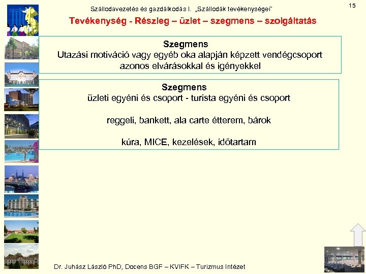 Szállodavezetés és gazdálkodás I. „Szállodák tevékenységei” Tevékenység - Részleg – üzlet – szegmens –