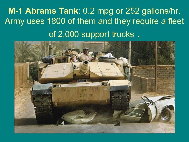 M-1 Abrams Tank: 0. 2 mpg or 252 gallons/hr. Army uses 1800 of them