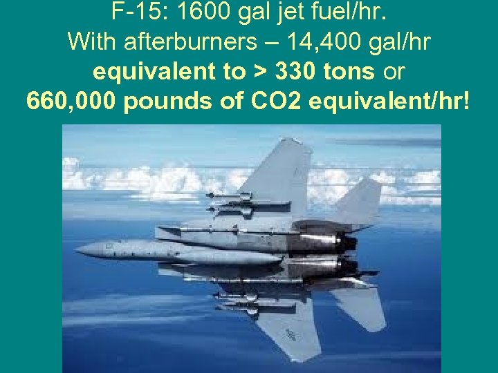 F-15: 1600 gal jet fuel/hr. With afterburners – 14, 400 gal/hr equivalent to >