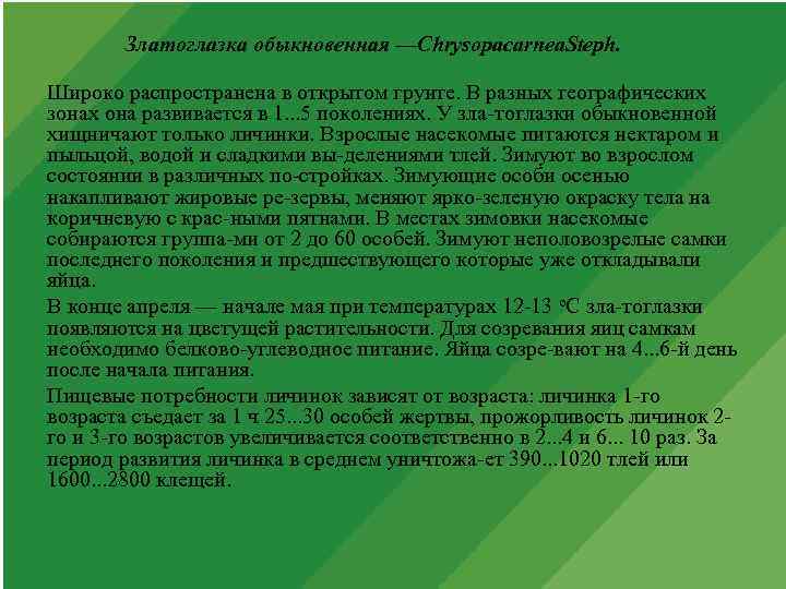 Златоглазка обыкновенная —Chrysopacarnea. Steph. Широко распространена в открытом грунте. В разных географических зонах она