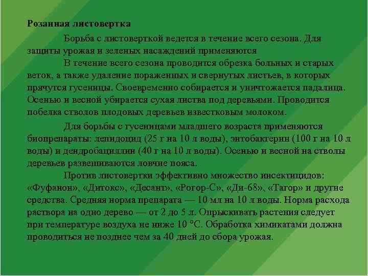 Розанная листовертка Борьба с листоверткой ведется в течение всего сезона. Для защиты урожая и