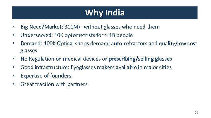 Why India • Big Need/Market: 300 M+ without glasses who need them • Underserved: