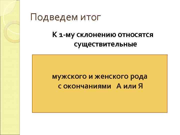 Подведем итог К 1 -му склонению относятся существительные мужского и женского рода с окончаниями