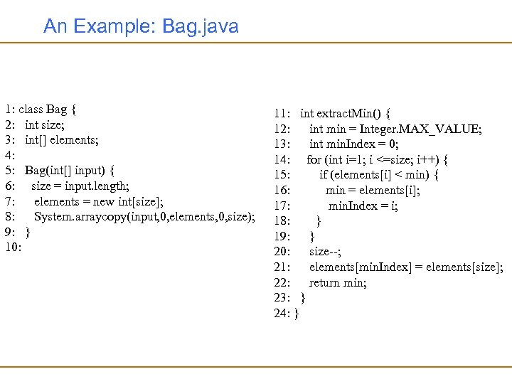 An Example: Bag. java 1: class Bag { 2: int size; 3: int[] elements;