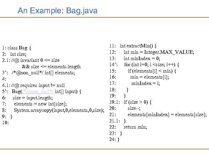 An Example: Bag. java 1: class Bag { 2: int size; 2. 1: //@