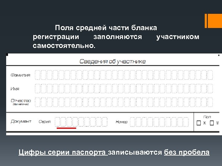 Поля средней части бланка регистрации заполняются участником самостоятельно. Цифры серии паспорта записываются без пробела