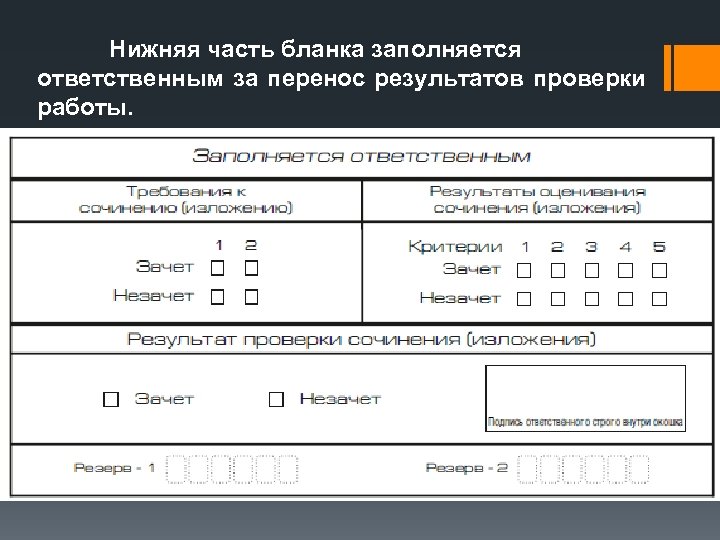 Нижняя часть бланка заполняется ответственным за перенос результатов проверки работы. 