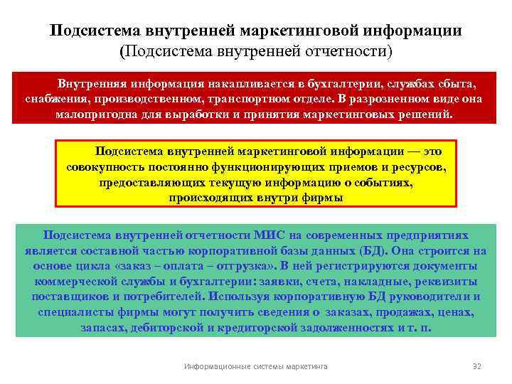 Подсистема внутренней маркетинговой информации (Подсистема внутренней отчетности) Внутренняя информация накапливается в бухгалтерии, службах сбыта,