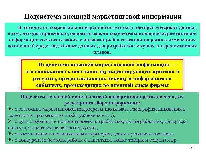 Подсистема внешней маркетинговой информации В отличие от подсистемы внутренней отчетности, которая содержит данные о