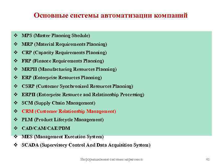 Основные системы автоматизации компаний MPS (Master Planning Shedule) MRP (Material Requirements Planning) CRP (Capacity