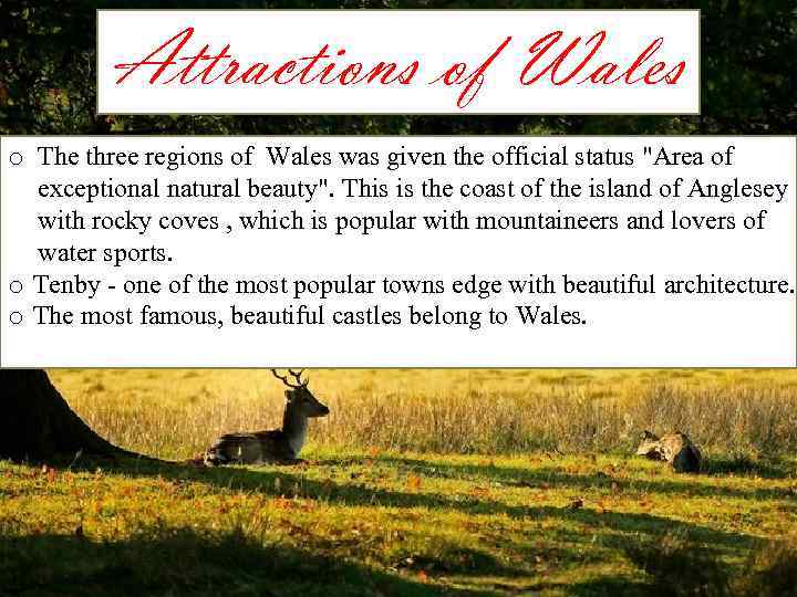 Attractions of Wales o The three regions of Wales was given the official status