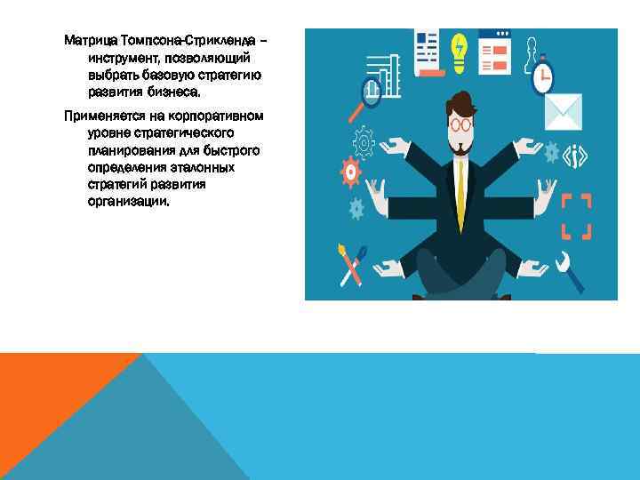 Матрица Томпсона-Стрикленда – инструмент, позволяющий выбрать базовую стратегию развития бизнеса. Применяется на корпоративном уровне