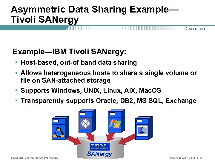 Asymmetric Data Sharing Example— Tivoli SANergy Example—IBM Tivoli SANergy: • Host-based, out-of band data