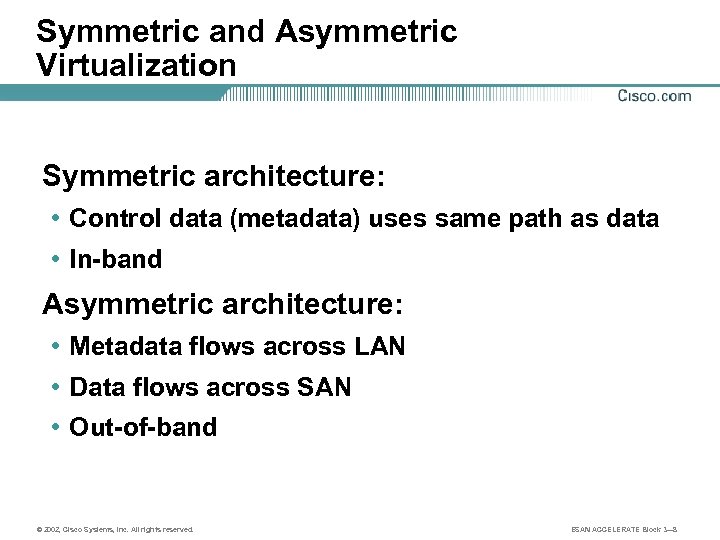 Symmetric and Asymmetric Virtualization Symmetric architecture: • Control data (metadata) uses same path as