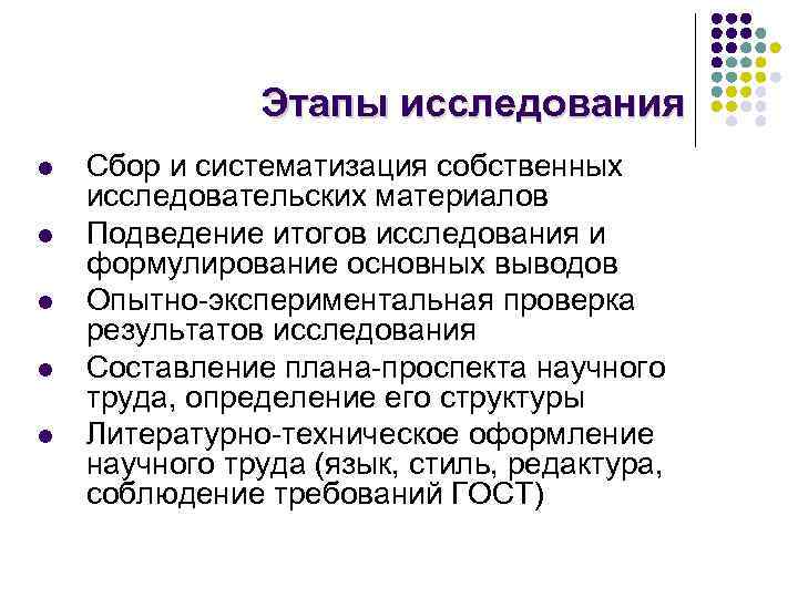 Этапы исследования l l l Сбор и систематизация собственных исследовательских материалов Подведение итогов исследования