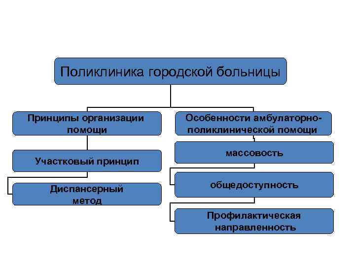 Поликлиника городской больницы Принципы организации помощи Участковый принцип Диспансерный метод Особенности амбулаторнополиклинической помощи массовость