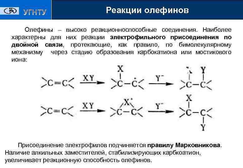 Реакции олефинов Олефины – высоко реакционноспособные соединения. Наиболее характерны для них реакции электрофильного присоединения