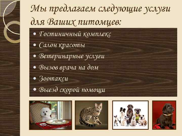 Мы предлагаем следующие услуги для Ваших питомцев: Гостиничный комплекс Салон красоты Ветеринарные услуги Вызов