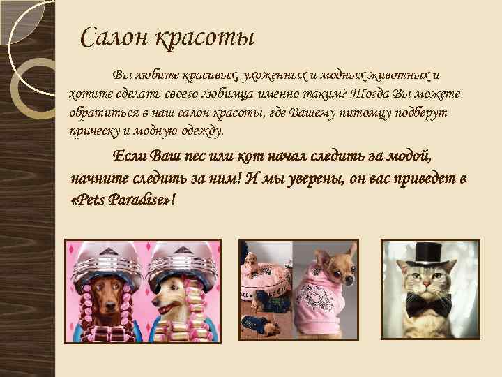 Салон красоты Вы любите красивых, ухоженных и модных животных и хотите сделать своего любимца