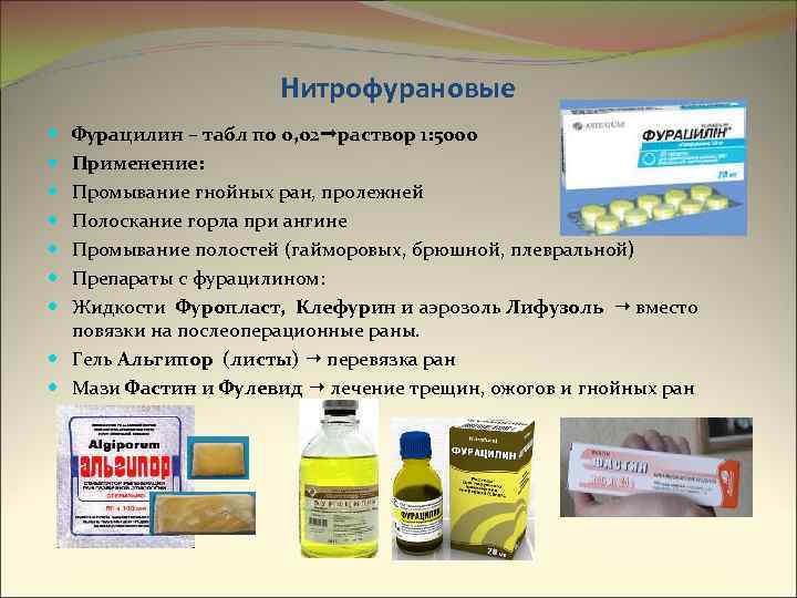Нитрофурановые Фурацилин – табл по 0, 02 раствор 1: 5000 Применение: Промывание гнойных ран,