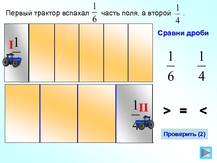 Первый трактор вспахал часть поля, а второй . Сравни дроби I II > =