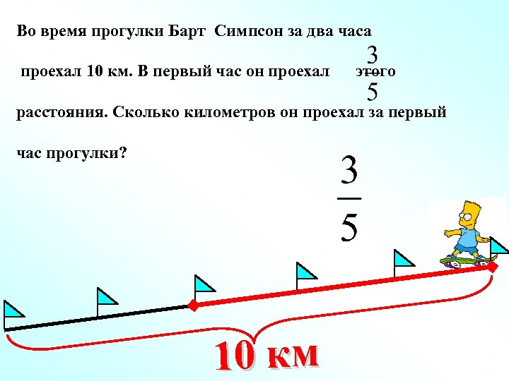 Во время прогулки Барт Симпсон за два часа проехал 10 км. В первый час
