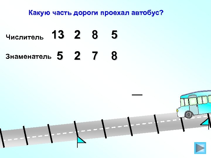 Какую часть дороги проехал автобус? Числитель 13 2 8 5 5 2 7 8