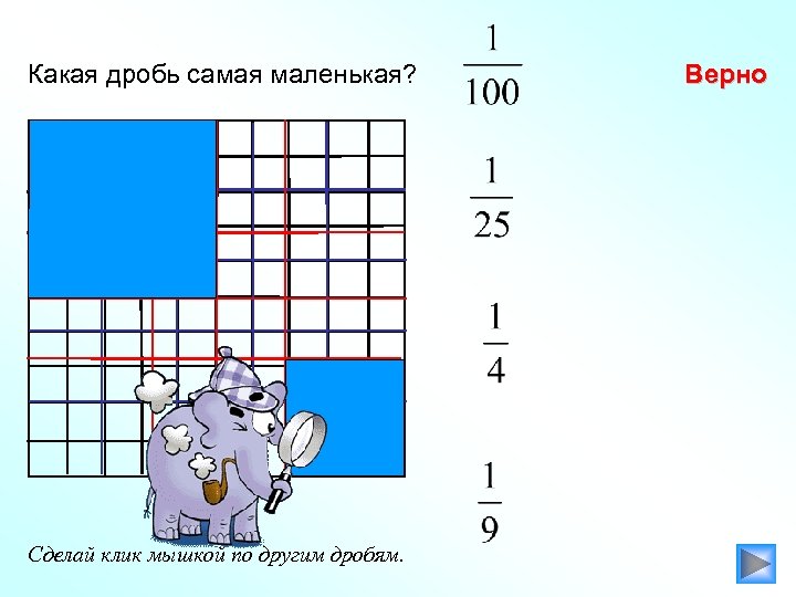 Какая дробь самая маленькая? Сделай клик мышкой по другим дробям. Верно 