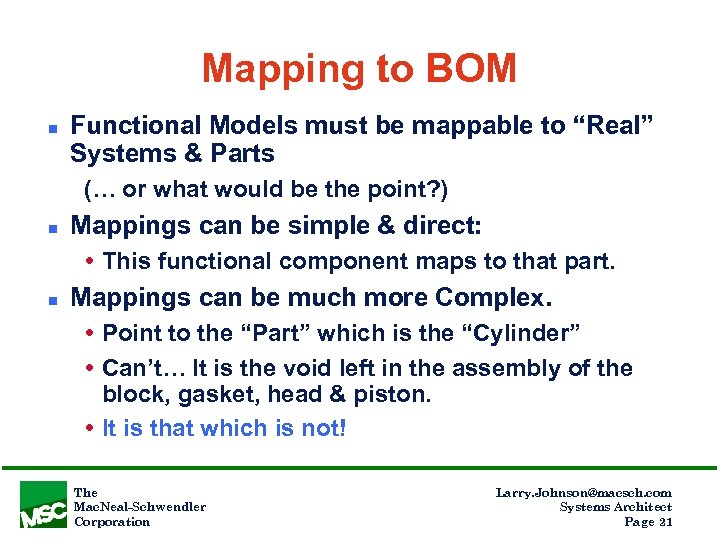 Mapping to BOM n Functional Models must be mappable to “Real” Systems & Parts