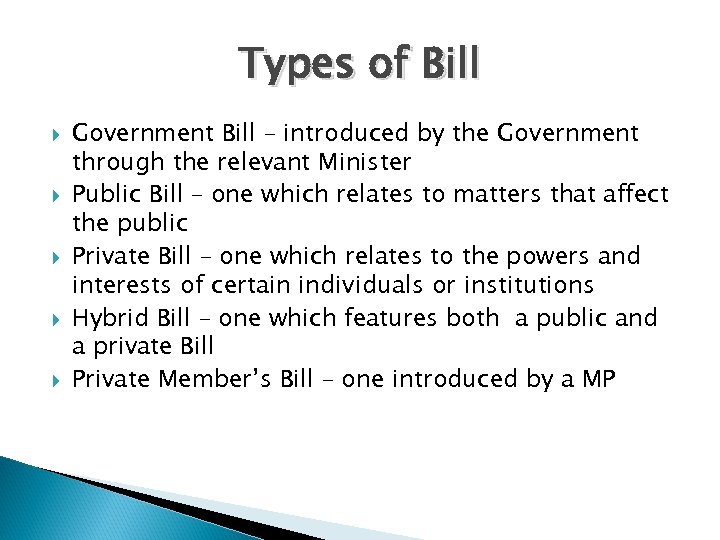 Types of Bill Government Bill – introduced by the Government through the relevant Minister