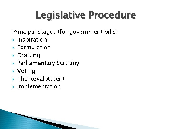 Legislative Procedure Principal stages (for government bills) Inspiration Formulation Drafting Parliamentary Scrutiny Voting The