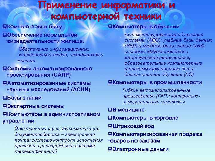 Применение информатики и компьютерной техники Компьютеры в быту Обеспечение нормальной жизнедеятельности жилища. Обеспечение информационных