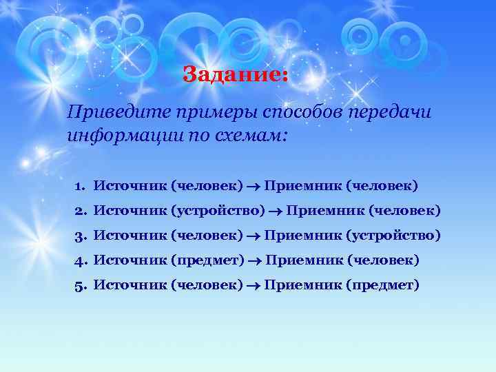 Задание: Приведите примеры способов передачи информации по схемам: 1. Источник (человек) Приемник (человек) 2.