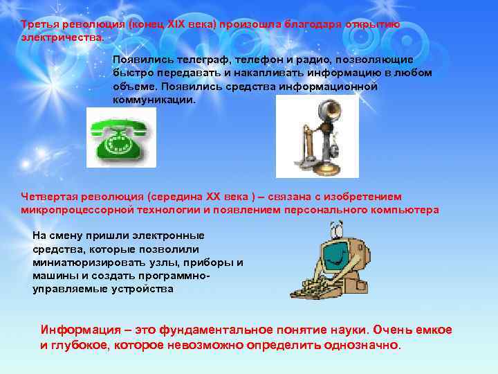 Третья революция (конец XIX века) произошла благодаря открытию электричества. Появились телеграф, телефон и радио,