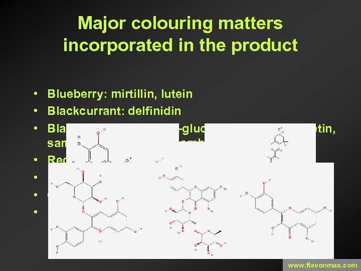 Major colouring matters incorporated in the product • Blueberry: mirtillin, lutein • Blackcurrant: delfinidin