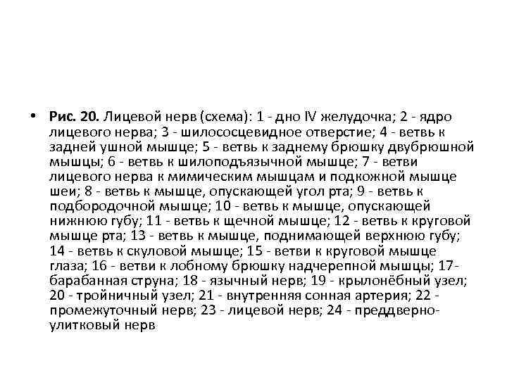  • Рис. 20. Лицевой нерв (схема): 1 дно IV желудочка; 2 ядро лицевого