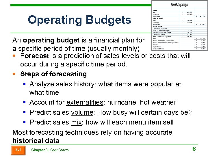 Operating Budgets An operating budget is a financial plan for a specific period of