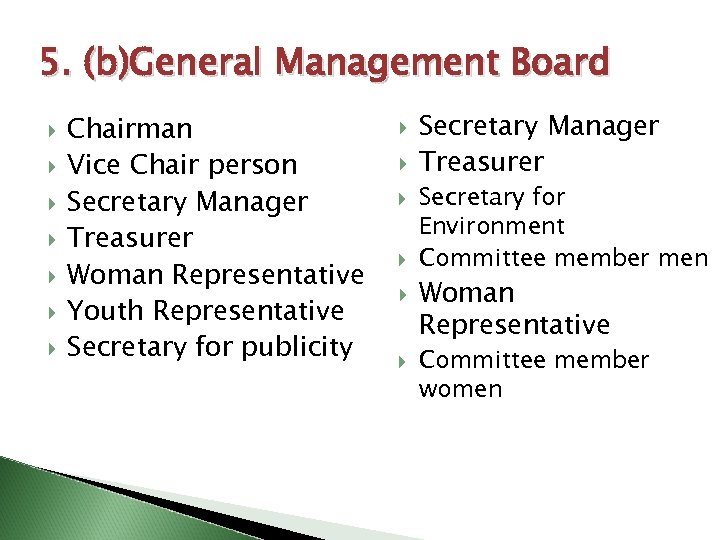 5. (b)General Management Board Chairman Vice Chair person Secretary Manager Treasurer Woman Representative Youth