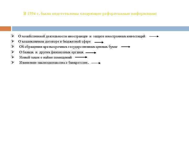 В 1994 г. были подготовлены следующие реферативные информации: Ø Ø Ø О хозяйственной деятельности