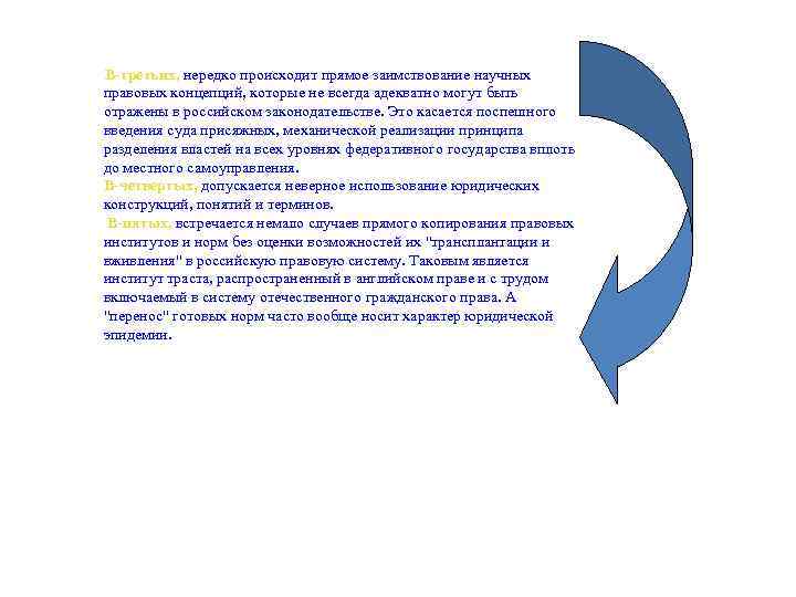  В-третьих, нередко происходит прямое заимствование научных правовых концепций, которые не всегда адекватно могут