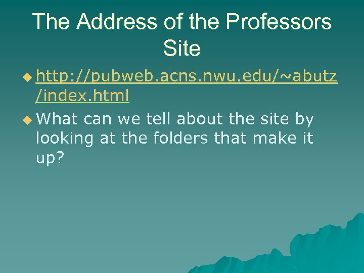 The Address of the Professors Site u http: //pubweb. acns. nwu. edu/~abutz /index. html