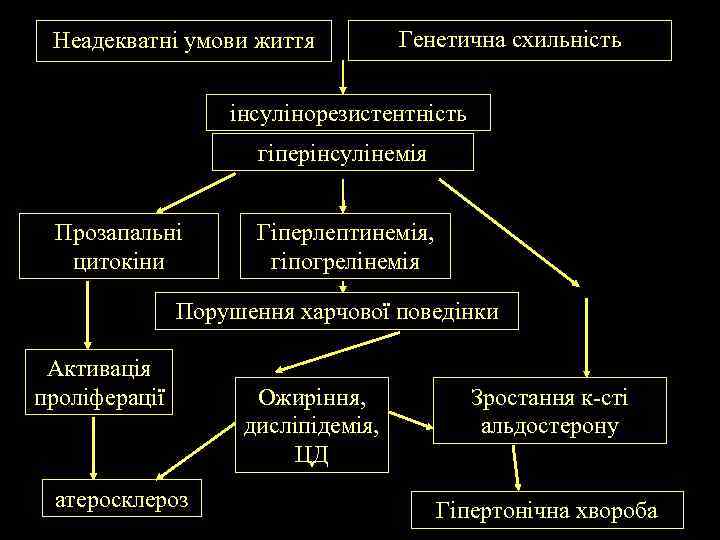 Неадекватні умови життя Генетична схильність інсулінорезистентність гіперінсулінемія Прозапальні цитокіни Гіперлептинемія, гіпогрелінемія Порушення харчової поведінки