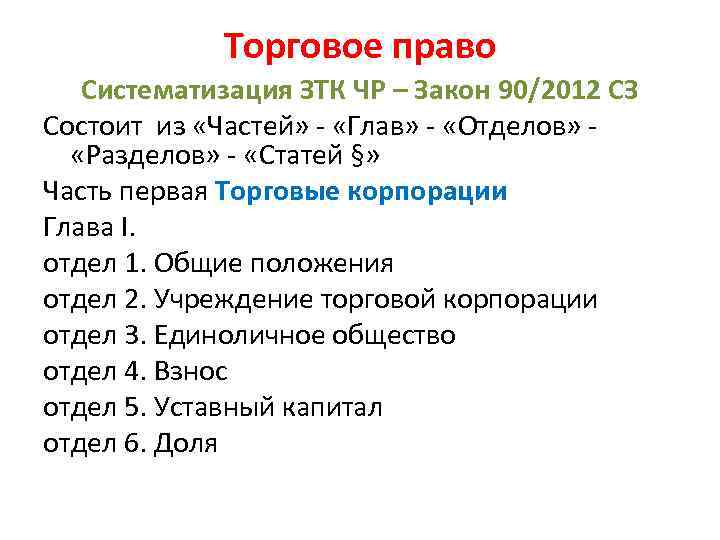 Торговое право Систематизация ЗТК ЧР – Закон 90/2012 СЗ Состоит из «Частей» - «Глав»