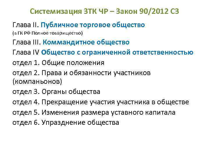 Системизация ЗТК ЧР – Закон 90/2012 СЗ Глава II. Публичное торговое общество (в ГК
