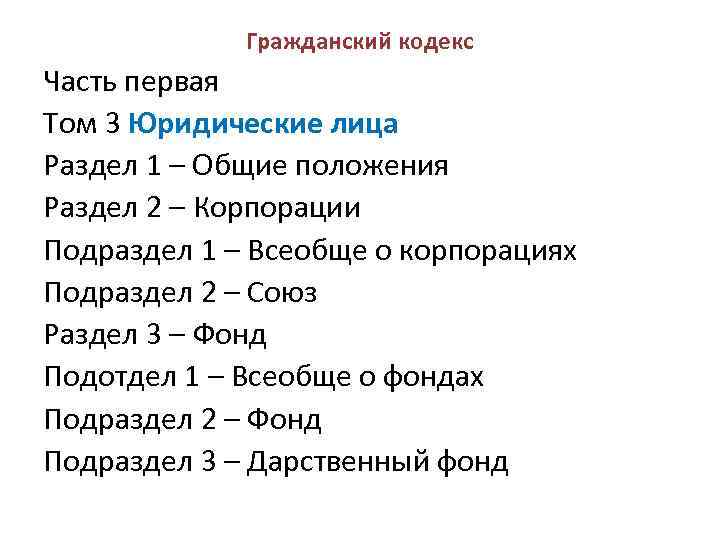 Гражданский кодекс Часть первая Том 3 Юридические лица Раздел 1 – Общие положения Раздел