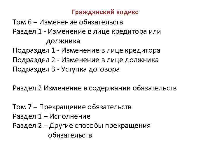 Гражданский кодекс Том 6 – Изменение обязательств Раздел 1 - Изменение в лице кредитора
