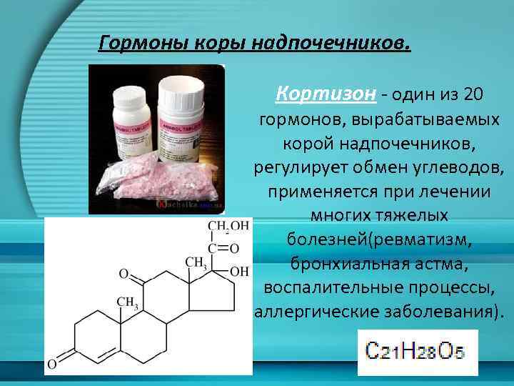 Гормоны коры надпочечников. Кортизон - один из 20 гормонов, вырабатываемых корой надпочечников, регулирует обмен