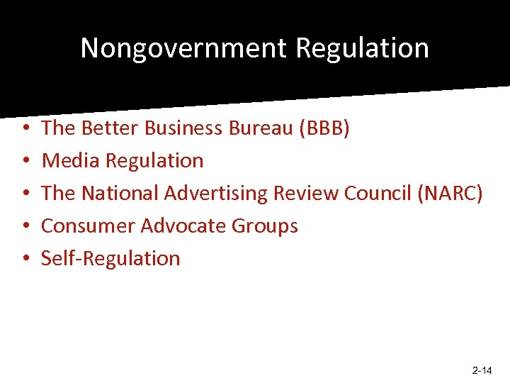 Nongovernment Regulation • • • The Better Business Bureau (BBB) Media Regulation The National